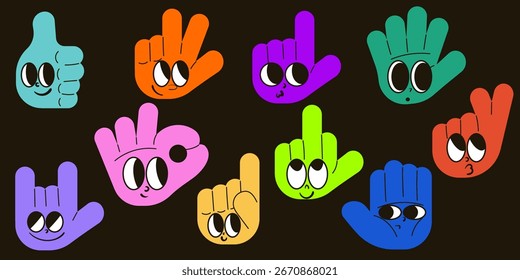 Doodle hands set with funny faces. Finger heart, hello and okay shaped gesture hands mascot. Colorful vector illustration
