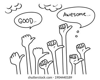 doodle hands up set. thumbs up hand drawn with speech bubble "good, awesome". isolated on white background. vector illustration