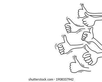 doodle hands up set. thumbs up hand drawn. isolated on white background. vector illustration