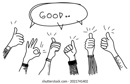 doodle hands up set. thumbs up hand drawn with speech bubble "good". isolated on white background. vector illustration