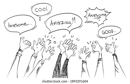 doodle hands up. hands applause, thumbs up and with speech bubble "good, cool, awesome, amazing". vector illustration