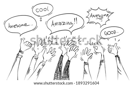 doodle hands up. hands applause, thumbs up and with speech bubble "good, cool, awesome, amazing". vector illustration