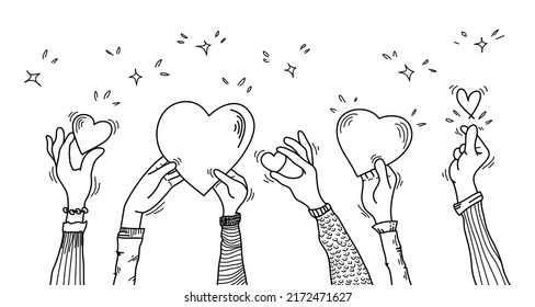 Doodle hands up  hands clapping  Concept charity   donation  Give   share your love to people  hands gesture hand drawn style  vector illustration