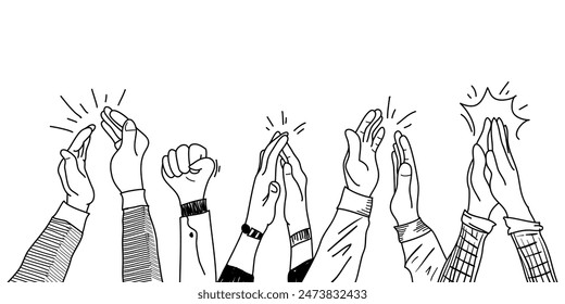 Doodle hands up. hands clapping ovation. applause gestures. congratulation business. vector hand drawn illustration