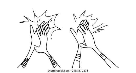 Doodle hands up. hands clapping ovation. applause gestures. congratulation business. vector hand drawn illustration