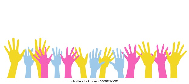 Doodle hands up. Colorful concept of cultural diversity. Hand drawn vector elements