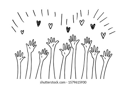 doodle hands up. Concept of charity and donation. Give and share your love to people. hand drawn vector illustration