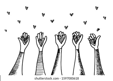 doodle hands up. Concept of charity and donation. Give and share your love to people. hand drawn vector illustration