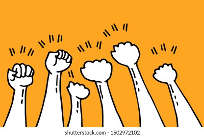 doodle hands up. fist hand, protest symbol, power sign on cartoon style. vector illustration