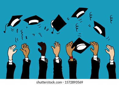 doodle hands up. Graduation Caps Thrown in the Air. vector cartoon illustration