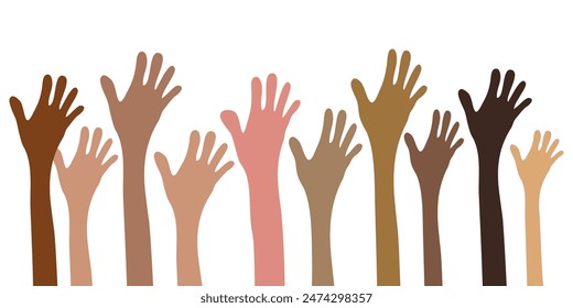 Doodle hands up. Human hands up with different skin colors. vector hand drawn illustration