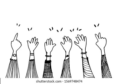 doodle hands up, Hands pointing gestures. congratulation business. vector illustration