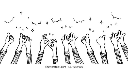 doodle hands up,Hands clapping. applause gestures, thubs up. congratulation business. vector illustration