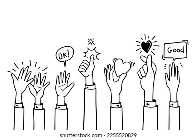 doodle hands up,Hands clapping. applause gestures. congratulation business. vector illustration