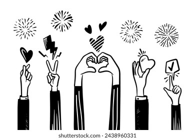 doodle hands up,Hands clapping. applause gestures. clapping. vector illustration