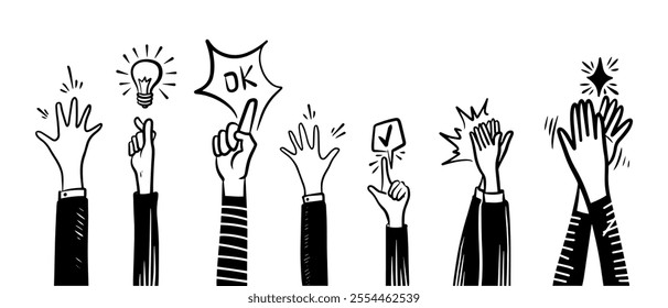 doodle hands up,Hands clapping. applause gestures. clapping. vector illustration