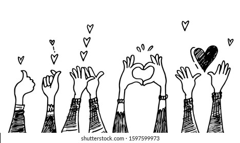 doodle hands up,Hands clapping with love. applause gestures. congratulation business. vector illustration