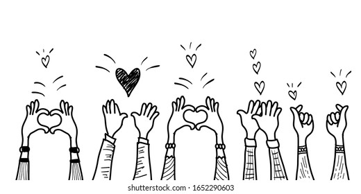 doodle руки вверх, руки хлопают от любви. аплодисменты жестов. Дарите и делитесь своей любовью с людями. векторная иллюстрация