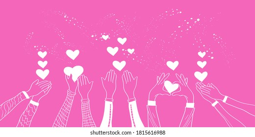 doodle hands up,Hands clapping with love. applause gestures. Give and share your love to people. vector illustration