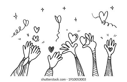 doodle hands up Hands clapping and love  applause gestures  Give   share your love to people  vector illustration