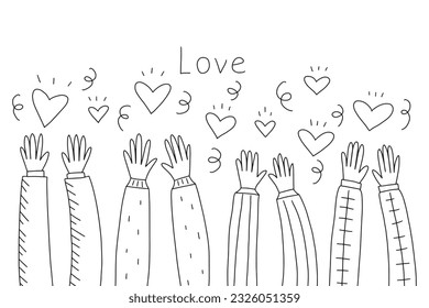 doodle hands up,Hands clapping with love. applause gestures. Give and share your love to people. vector illustration