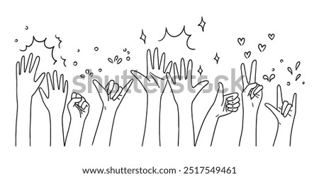 doodle hands up,Hands clapping with love. applause gestures. Give and share your love to people. vector illustration
