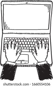 Doodle de las manos trabajando en el ordenador portátil