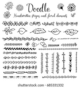 Doodle. Handwritten strip pattern and floral elements