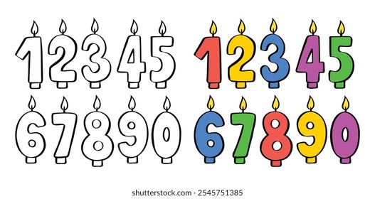 Doodle Happy Birthday candle numbers set. Birthday candles with burning flames. Hand drawn decoration for cake, greeting card. Vector illustration