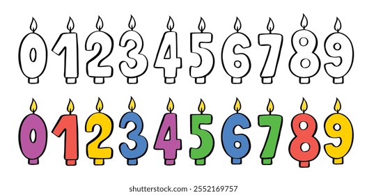 Doodle Happy Birthday candle numbers set. Birthday candles with burning flames. Hand drawn decoration for cake, greeting card. Vector illustration