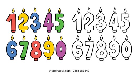 Doodle Happy Birthday candle numbers set. Birthday candles with burning flames. Hand drawn decoration for cake, greeting card. Vector illustration