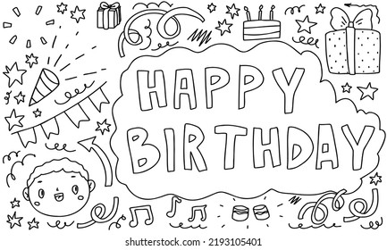 Doodle happy birthday line coloring book. Sketch set cute isolated collection for kids, scribble, postcard.