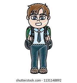 doodle happy boy child with backpack and clothes