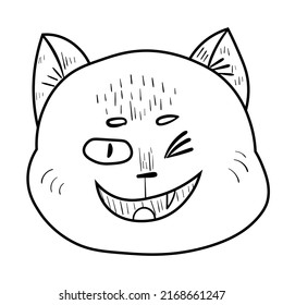 Doodle happy cat emotion head.Emoji icon. Cute fun kid vector illustration. Black line art animal on white background.