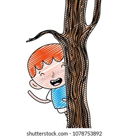 doodle happy child boy back trunk tree