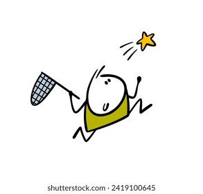 Doodle happy child runs, jumps and catches a star in the sky. Vector illustration of space and a stickman with net. Hand drawn pursuit of success, to believe in omens.  Isolated on white background.