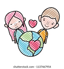 doodle happy couple with earth planet and passion heart