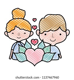 doodle happy couple with passion hearts and leaves