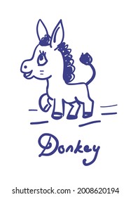 Doodle happy donkey. Hand drawn art. Funny design.