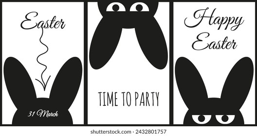 Doodle Happy Easter greeting Card set. Easter holiday poster collection in trendy Doodle Minimalist style. Black and white celebration banner. Vector illustration can used web postcard brochure EPS 10