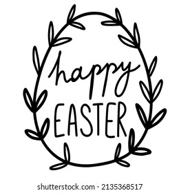 Doodle happy easter vector lettering in egg isolated. Hand drawn black and white branches cute calligraphy.