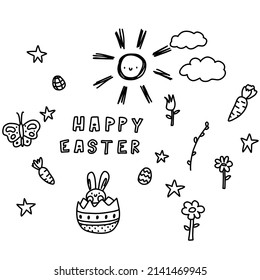 Doodle happy easter vector lettering in egg, bunny isolated. Hand drawn black and white branches, flowers, stars, cute calligraphy.