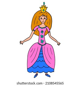 Doodle-Happy-Märchenprinzessin einzeln auf weißem Hintergrund. Schönes historisches Kleid. Junge Dame mit Krone.