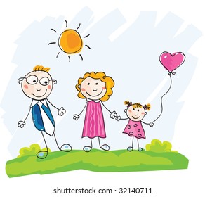 Doodle happy family. Mother, father and child on green meadow. Vector Illustration. See similar pictures in my portfolio!