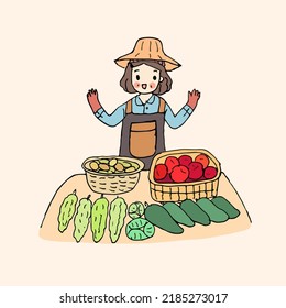 Doodle Happy Gardener Fruits Vegetables Stall Stock Vector (Royalty ...