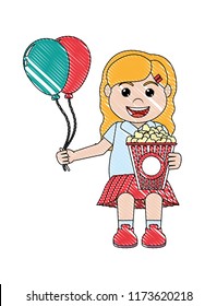 doodle happy girl with balloons and popcorn box