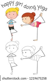 Doodle happy girl doing yoga illustration