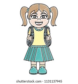 doodle happy girl hairstyle with uniform and backpack