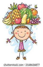 Doodle happy girl holding fresh fruits