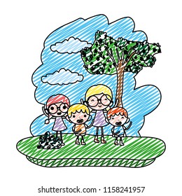 doodle happy girls and boys children in the forest